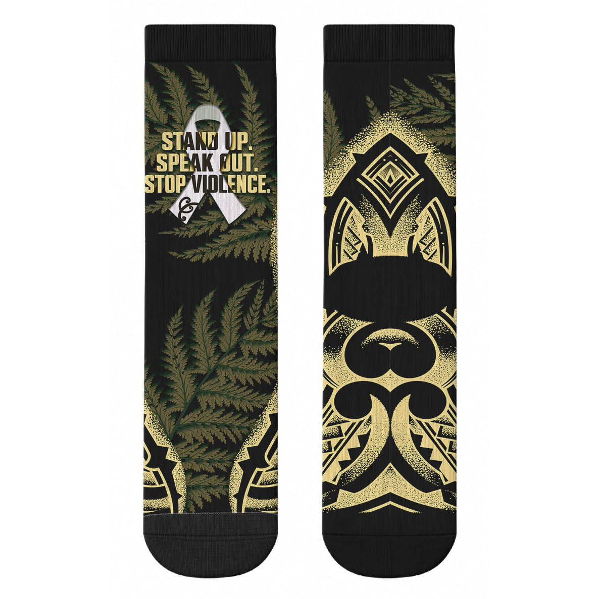 White Ribbon Day New Zealand Crew Socks Respect Women Maori Pattern Yellow LT14 - Polynesian Pride