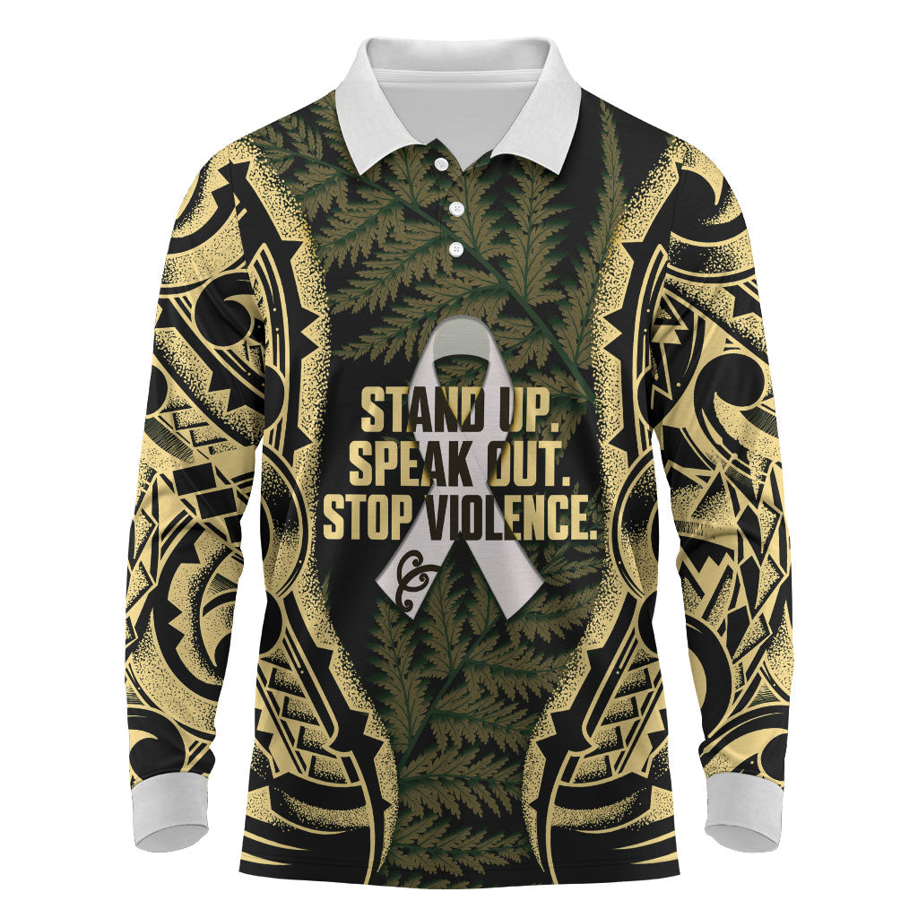 White Ribbon Day New Zealand Long Sleeve Polo Shirt Respect Women Maori Pattern Yellow LT14 Yellow - Polynesian Pride