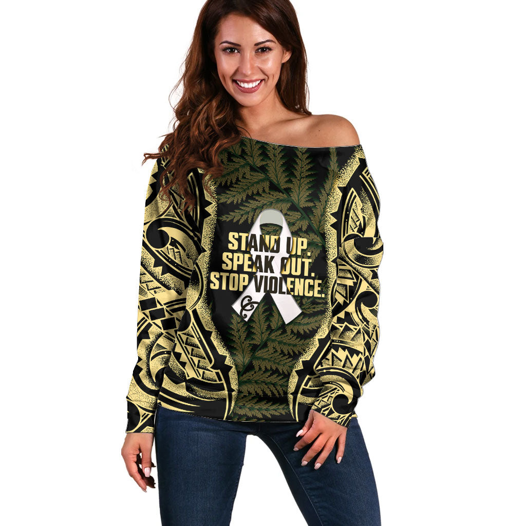 White Ribbon Day New Zealand Off Shoulder Sweater Respect Women Maori Pattern Yellow LT14 Women Yellow - Polynesian Pride