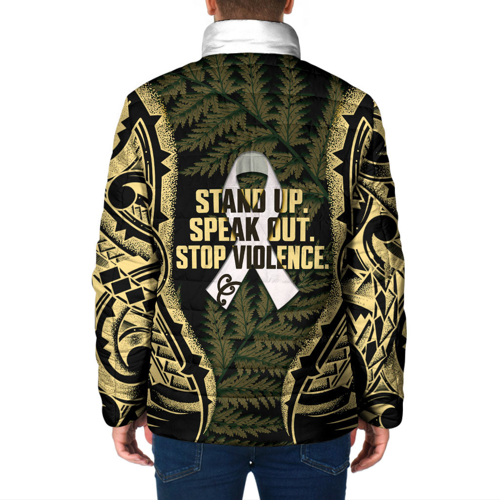 White Ribbon Day New Zealand Padded Jacket Respect Women Maori Pattern Yellow LT14 - Polynesian Pride
