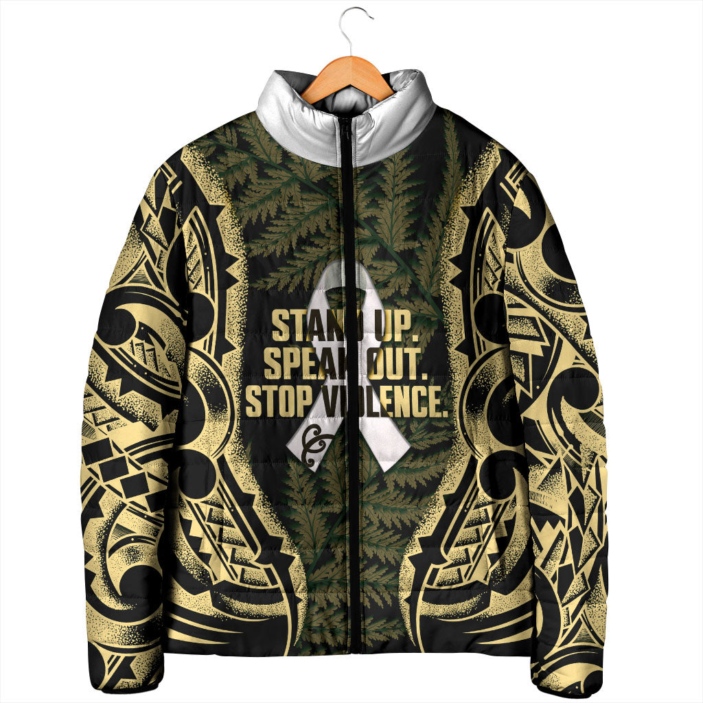 White Ribbon Day New Zealand Padded Jacket Respect Women Maori Pattern Yellow LT14 - Polynesian Pride