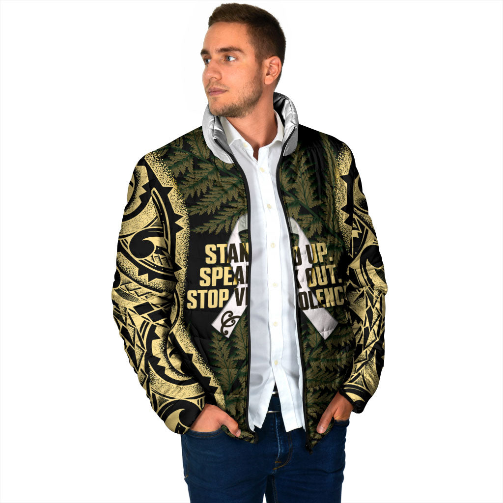 White Ribbon Day New Zealand Padded Jacket Respect Women Maori Pattern Yellow LT14 - Polynesian Pride