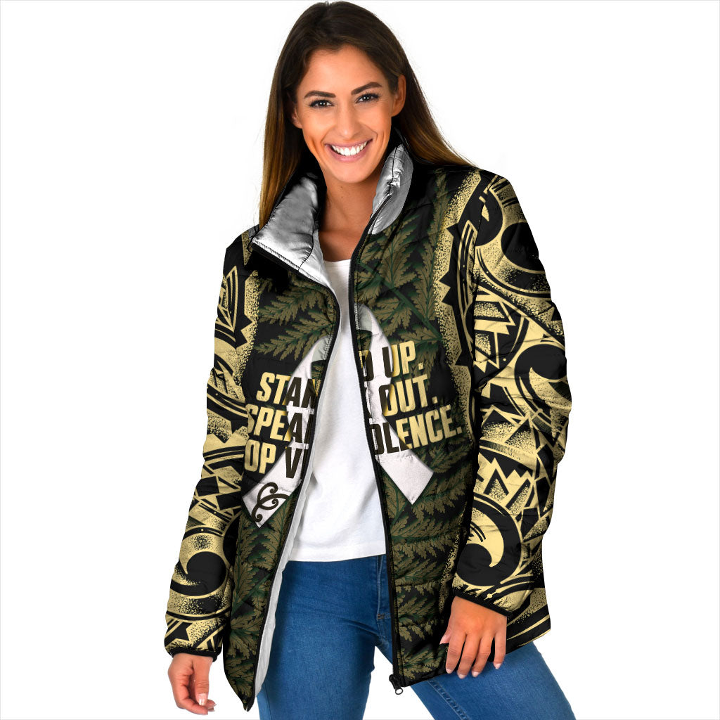 White Ribbon Day New Zealand Padded Jacket Respect Women Maori Pattern Yellow LT14 Women Yellow - Polynesian Pride
