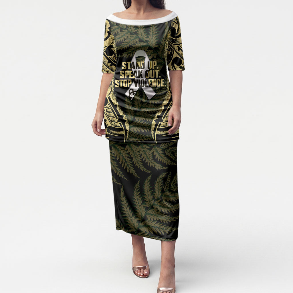 White Ribbon Day New Zealand Puletasi Respect Women Maori Pattern Yellow LT14 Long Dress Yellow - Polynesian Pride