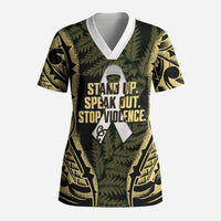 White Ribbon Day New Zealand Scrub Top Respect Women Maori Pattern Yellow LT14 Adult Yellow - Polynesian Pride