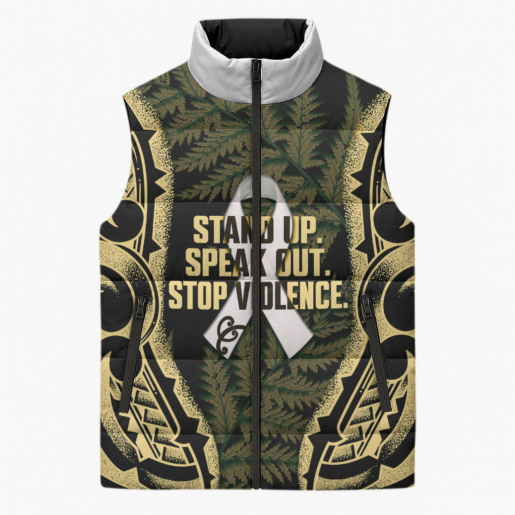 White Ribbon Day New Zealand Sleeveless Puffer Jacket Respect Women Maori Pattern Yellow LT14 Unisex Yellow - Polynesian Pride