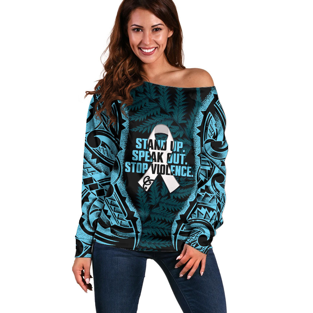White Ribbon Day New Zealand Off Shoulder Sweater Respect Women Maori Pattern Blue LT14 Women Blue - Polynesian Pride