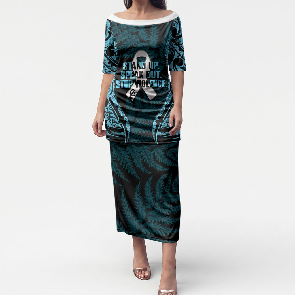 White Ribbon Day New Zealand Puletasi Respect Women Maori Pattern Blue LT14 Long Dress Blue - Polynesian Pride