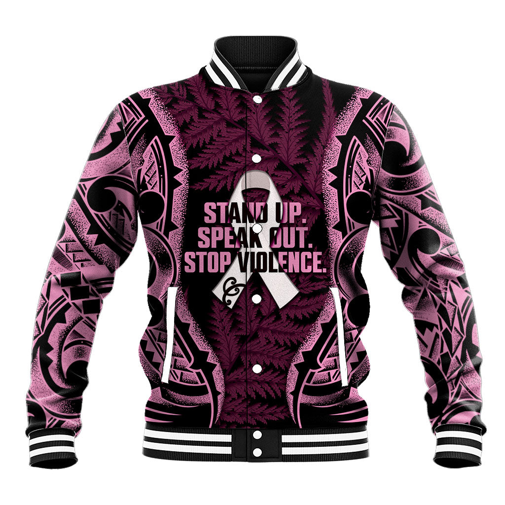White Ribbon Day New Zealand Baseball Jacket Respect Women Maori Pattern Pink LT14 Unisex Pink - Polynesian Pride