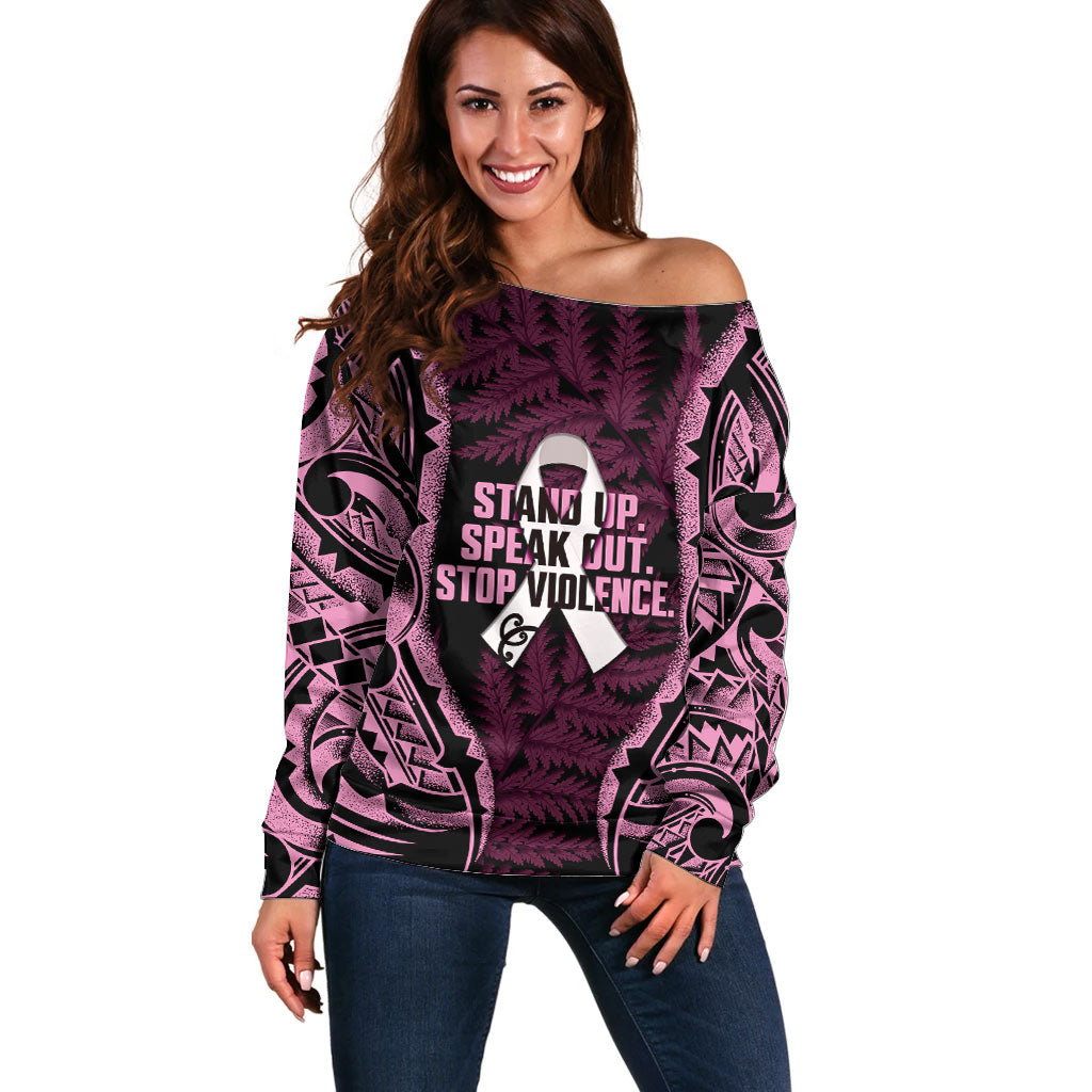 White Ribbon Day New Zealand Off Shoulder Sweater Respect Women Maori Pattern Pink LT14 Women Pink - Polynesian Pride