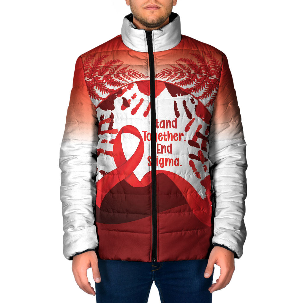 Red Ribbon Day New Zealand Padded Jacket Stand Together End Stigma NZ Fern LT14 Men Red - Polynesian Pride