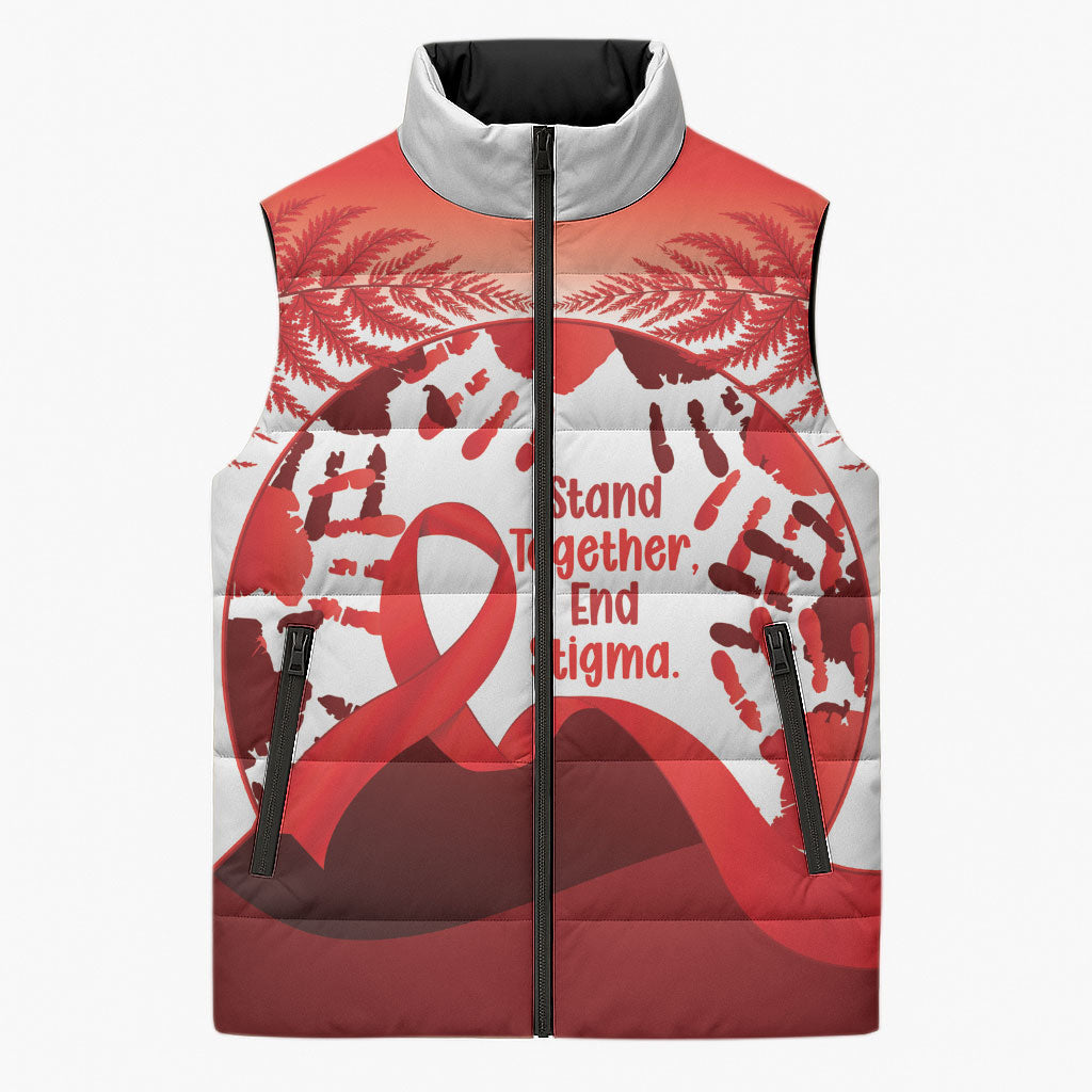 Red Ribbon Day New Zealand Sleeveless Puffer Jacket Stand Together End Stigma NZ Fern LT14 Unisex Red - Polynesian Pride