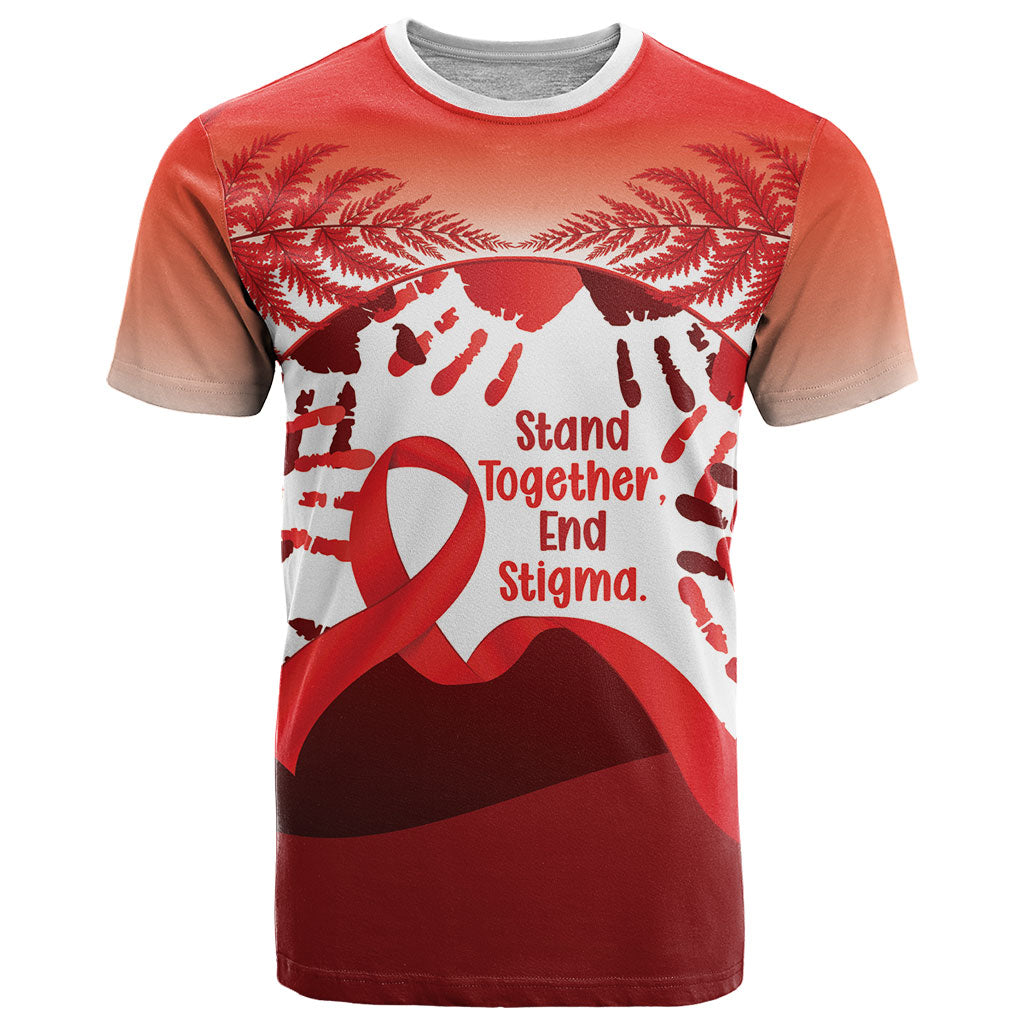Red Ribbon Day New Zealand T Shirt Stand Together End Stigma NZ Fern LT14 Red - Polynesian Pride