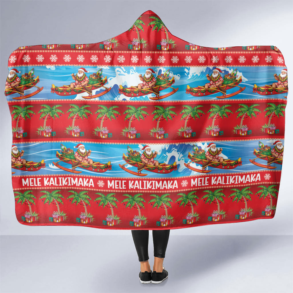 Hawaii Mele Kalikimaka Hooded Blanket Outrigger Canoe Santa Festive Palm Seamless LT14 One Size Red - Polynesian Pride