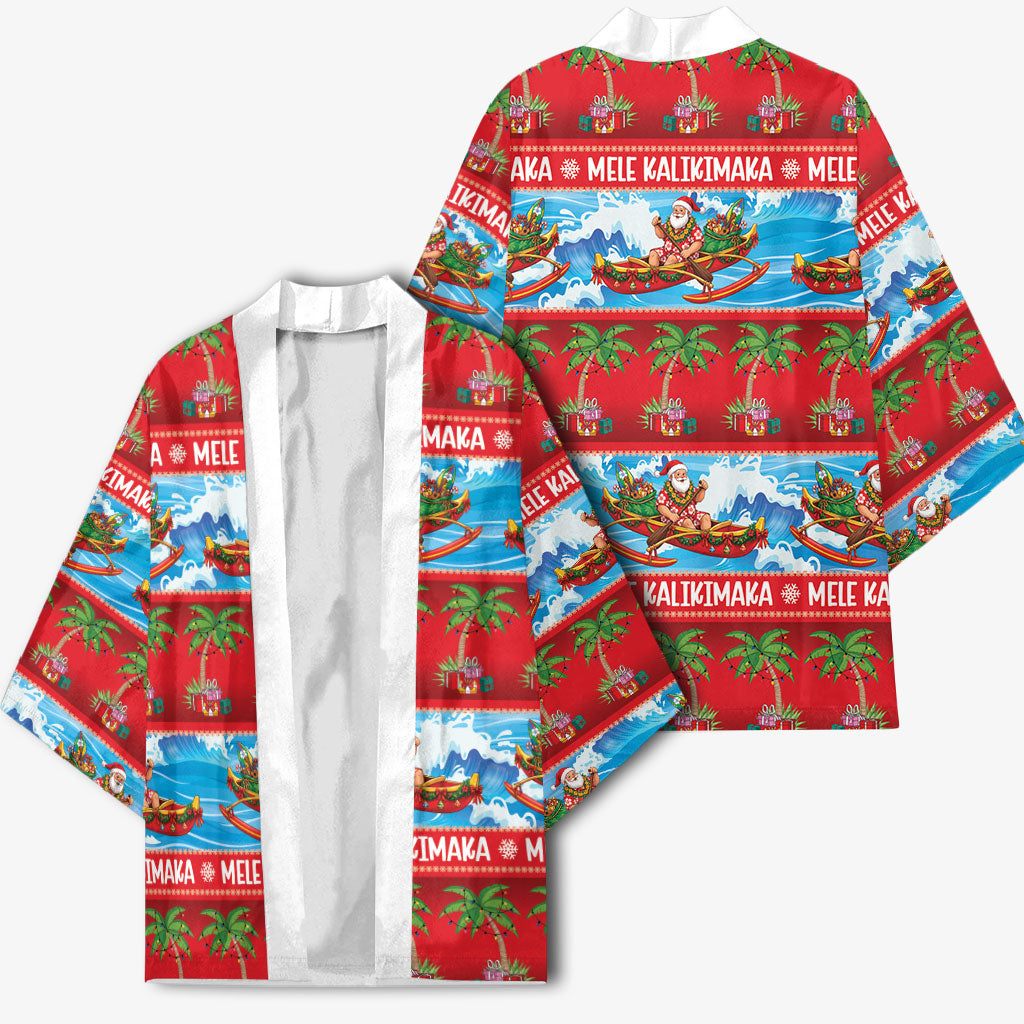 Hawaii Mele Kalikimaka Kimono Outrigger Canoe Santa Festive Palm Seamless LT14 - Polynesian Pride