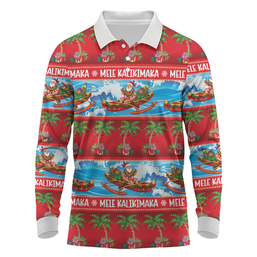 Hawaii Mele Kalikimaka Long Sleeve Polo Shirt Outrigger Canoe Santa Festive Palm Seamless LT14 Red - Polynesian Pride