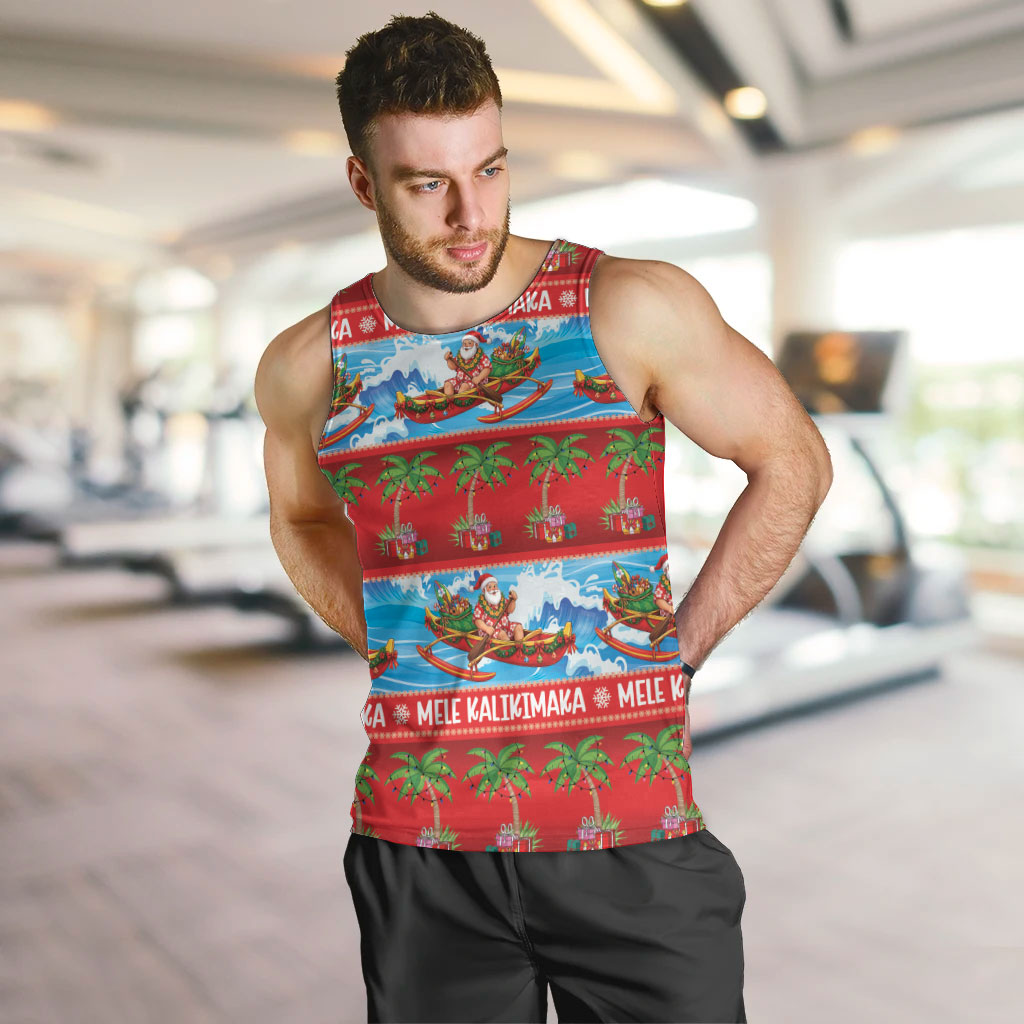 Hawaii Mele Kalikimaka Men Tank Top Outrigger Canoe Santa Festive Palm Seamless LT14 Red - Polynesian Pride