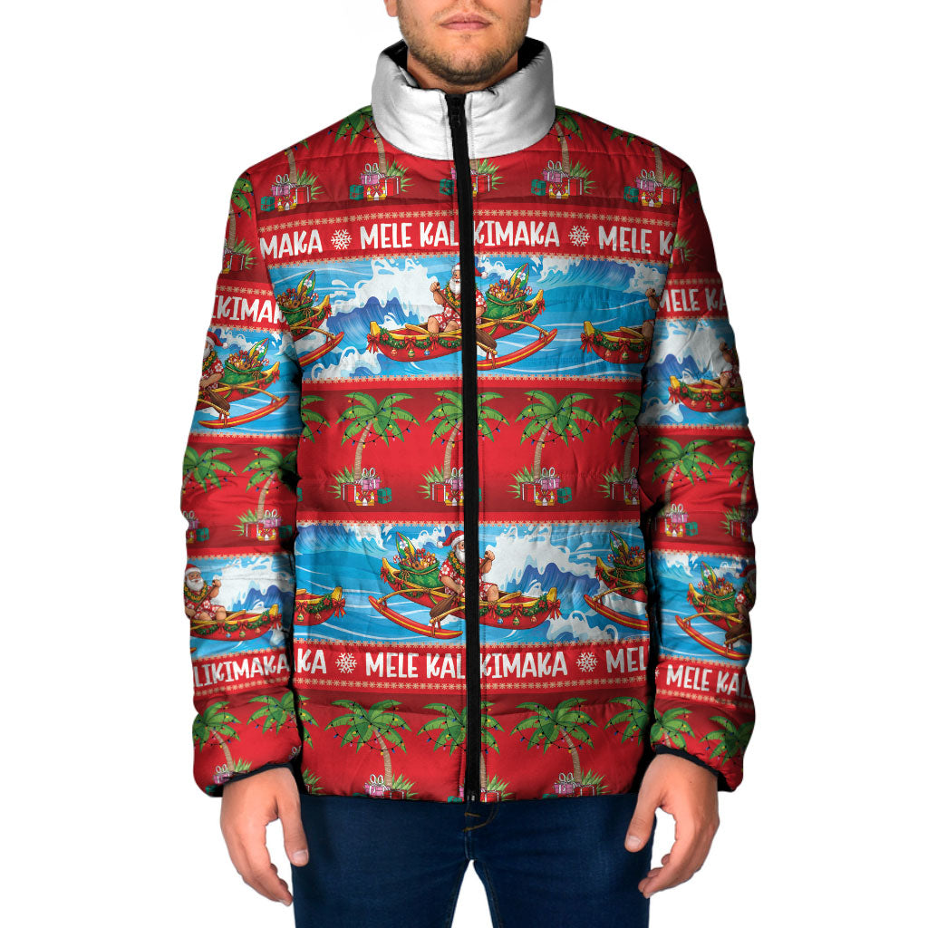 Hawaii Mele Kalikimaka Padded Jacket Outrigger Canoe Santa Festive Palm Seamless LT14 Men Red - Polynesian Pride