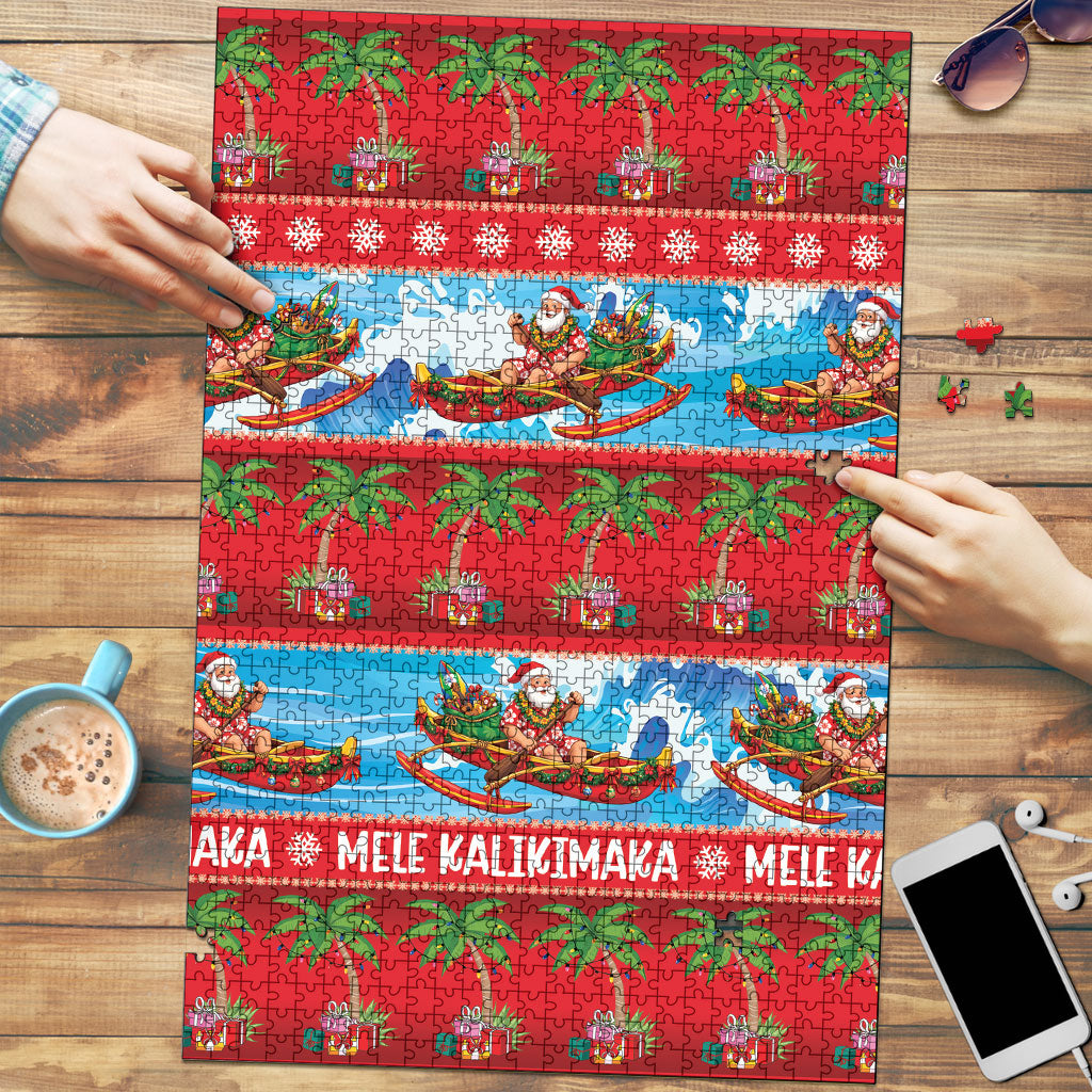 Hawaii Mele Kalikimaka Puzzle Outrigger Canoe Santa Festive Palm Seamless LT14 Red - Polynesian Pride