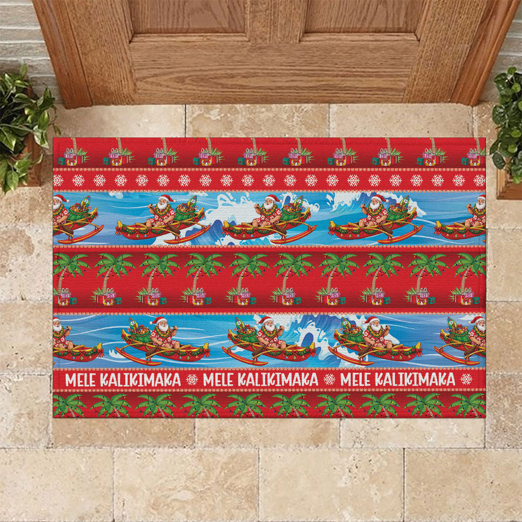 Hawaii Mele Kalikimaka Rubber Doormat Outrigger Canoe Santa Festive Palm Seamless LT14 Red - Polynesian Pride