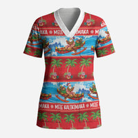 Hawaii Mele Kalikimaka Scrub Top Outrigger Canoe Santa Festive Palm Seamless LT14 Adult Red - Polynesian Pride