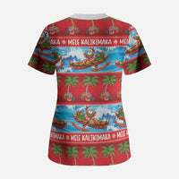 Hawaii Mele Kalikimaka Scrub Top Outrigger Canoe Santa Festive Palm Seamless LT14 - Polynesian Pride