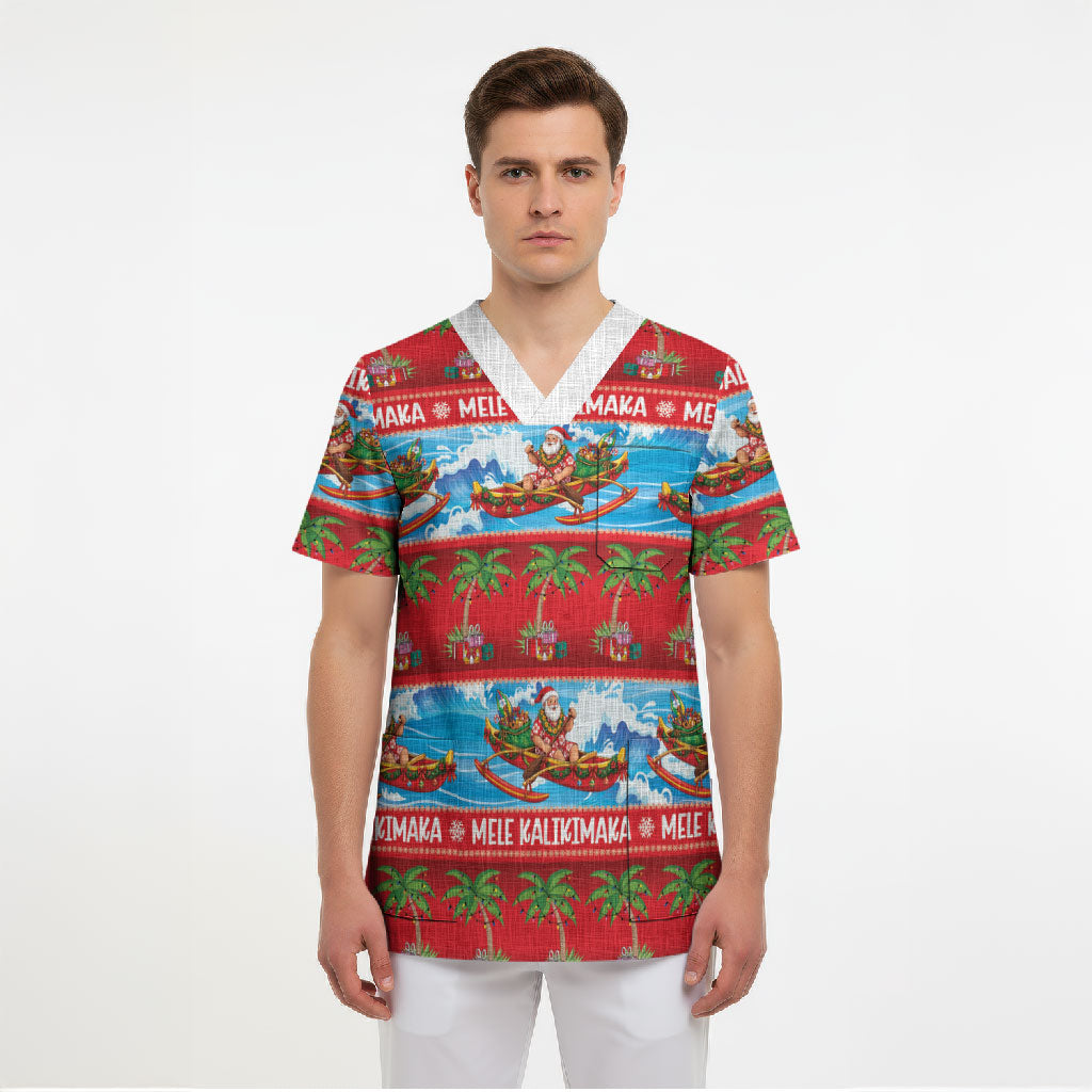Hawaii Mele Kalikimaka Scrub Top Outrigger Canoe Santa Festive Palm Seamless LT14 - Polynesian Pride