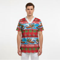 Hawaii Mele Kalikimaka Scrub Top Outrigger Canoe Santa Festive Palm Seamless LT14 - Polynesian Pride