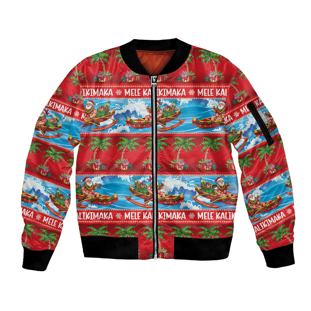 Hawaii Mele Kalikimaka Sleeve Zip Bomber Jacket Outrigger Canoe Santa Festive Palm Seamless LT14 Unisex Red - Polynesian Pride