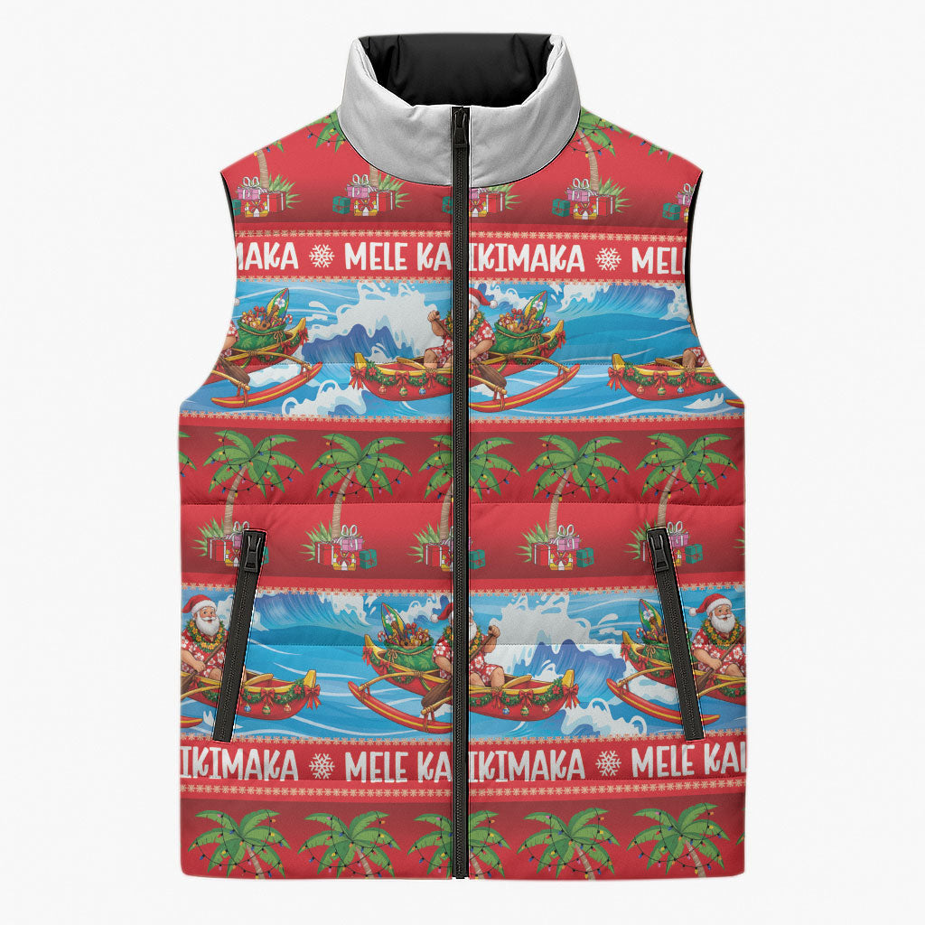 Hawaii Mele Kalikimaka Sleeveless Puffer Jacket Outrigger Canoe Santa Festive Palm Seamless LT14 Unisex Red - Polynesian Pride
