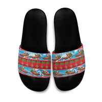 Hawaii Mele Kalikimaka Slide Sandals Outrigger Canoe Santa Festive Palm Seamless LT14 Red - Polynesian Pride