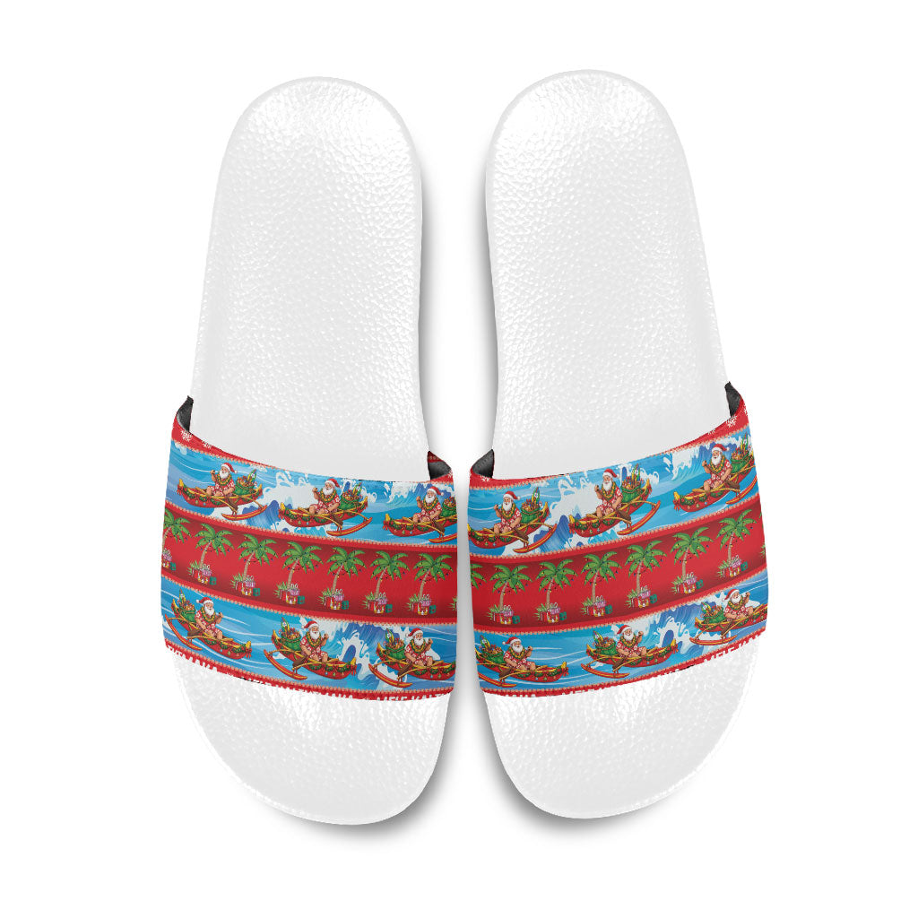 Hawaii Mele Kalikimaka Slide Sandals Outrigger Canoe Santa Festive Palm Seamless LT14 Red - Polynesian Pride