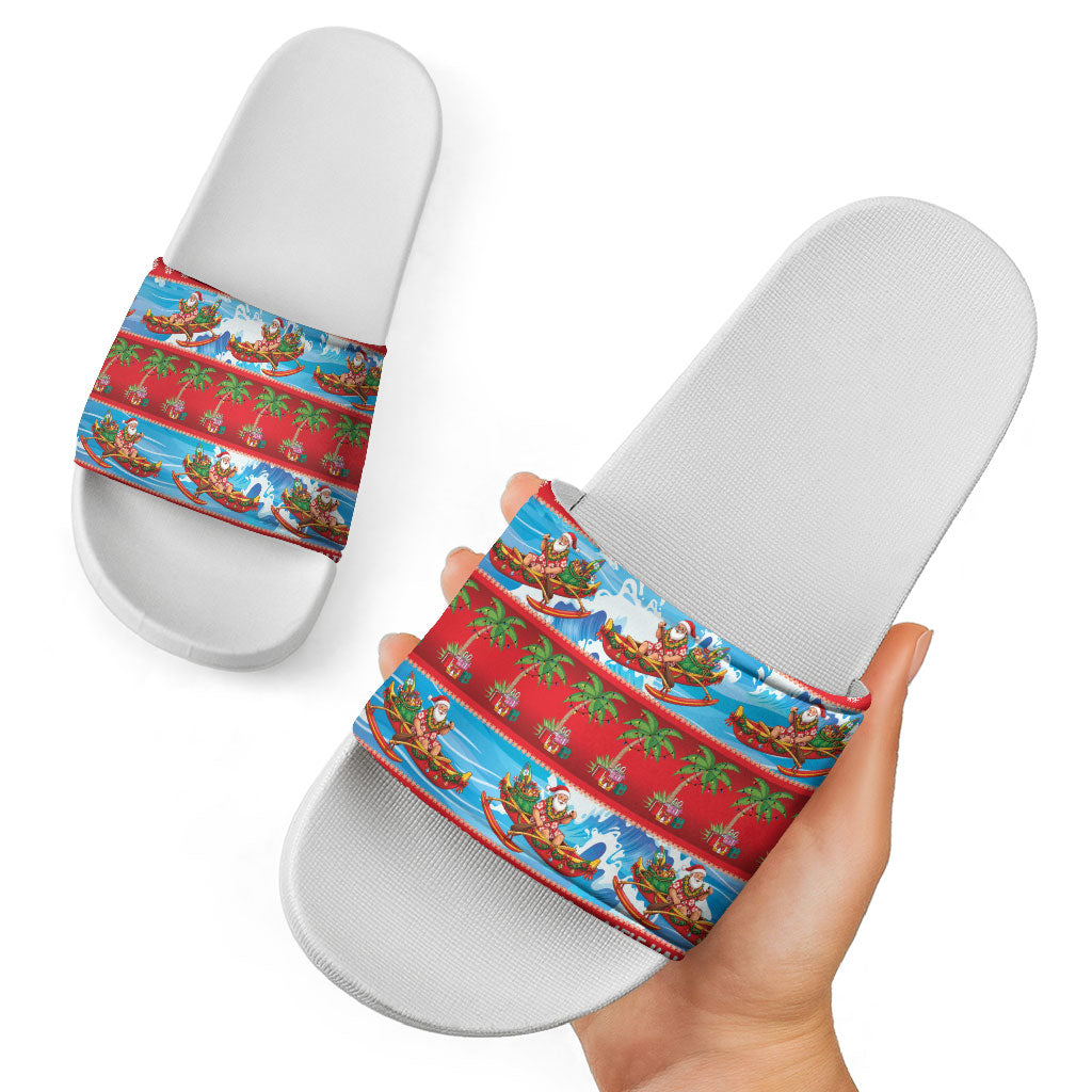 Hawaii Mele Kalikimaka Slide Sandals Outrigger Canoe Santa Festive Palm Seamless LT14 - Polynesian Pride