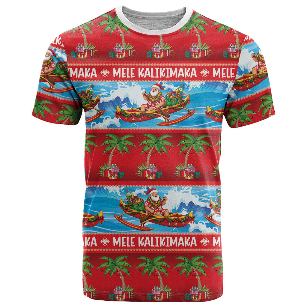 Hawaii Mele Kalikimaka T Shirt Outrigger Canoe Santa Festive Palm Seamless LT14 Red - Polynesian Pride