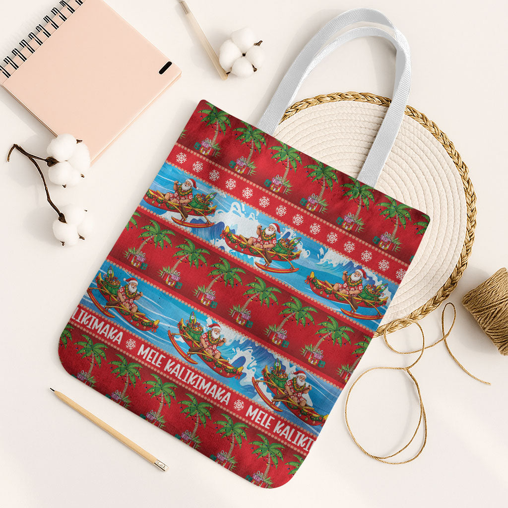 Hawaii Mele Kalikimaka Tote Bag Outrigger Canoe Santa Festive Palm Seamless LT14 White Strap One Size Red - Polynesian Pride