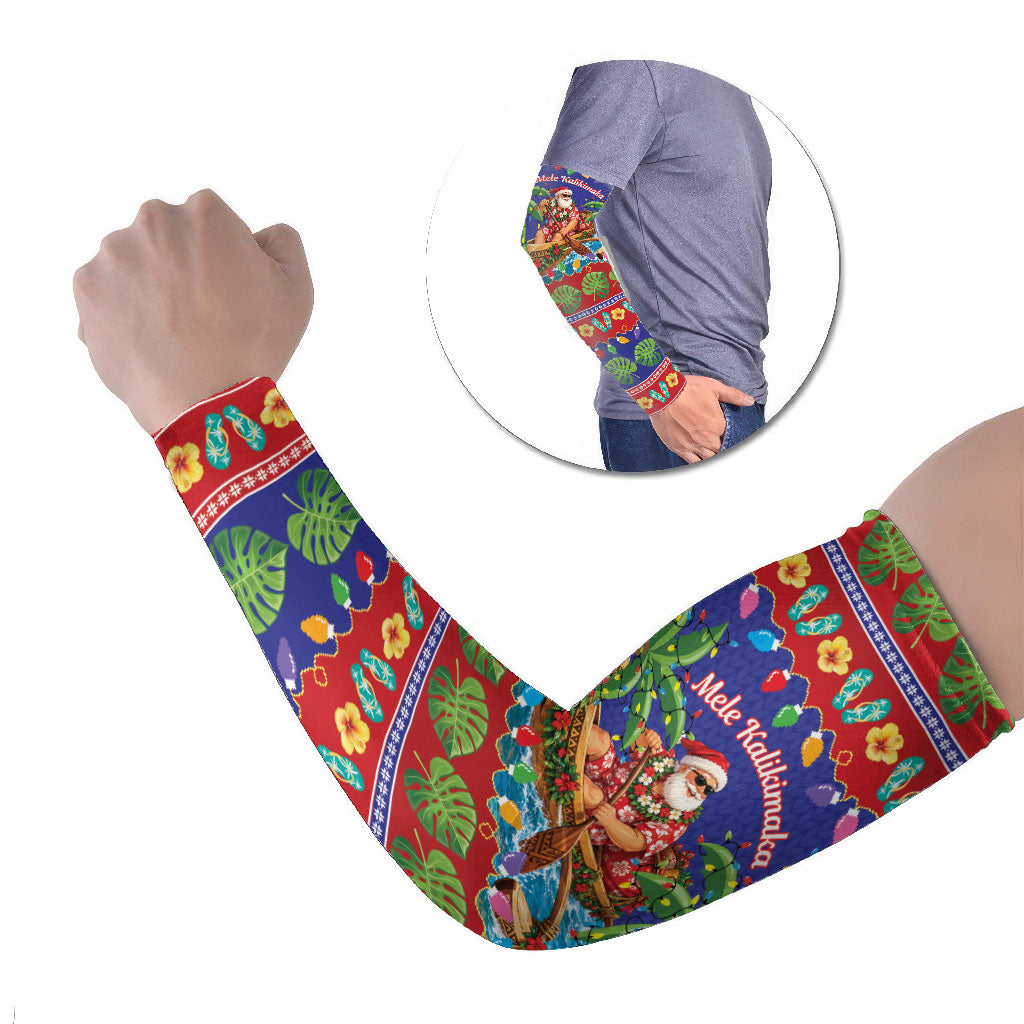 Santa Claus In Outrigger Canoe Hawaii Christmas Arm Sleeves Mele Kalikimaka Hawaiian Tropical Vibes LT14 Set of 2 Blue - Polynesian Pride
