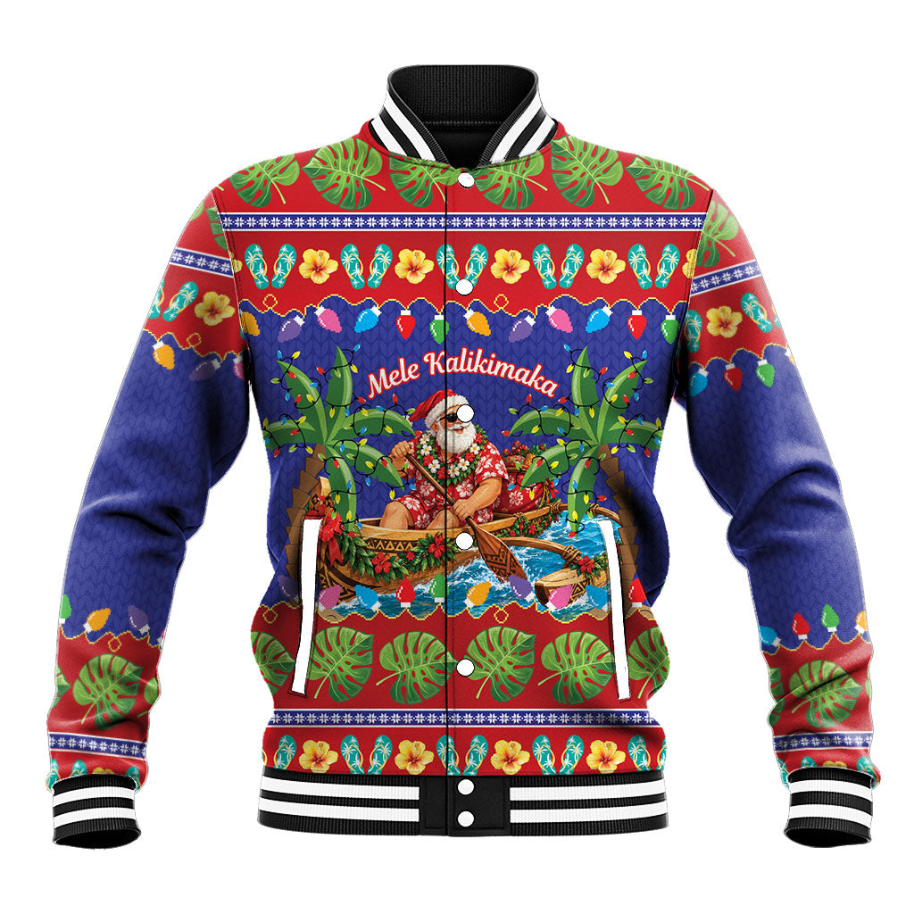 Santa Claus In Outrigger Canoe Hawaii Christmas Baseball Jacket Mele Kalikimaka Hawaiian Tropical Vibes LT14 Unisex Blue - Polynesian Pride