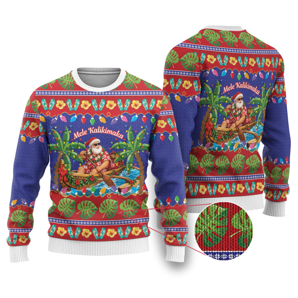 Santa Claus In Outrigger Canoe Hawaii Christmas Ugly Christmas Sweater Mele Kalikimaka Hawaiian Tropical Vibes LT14 Blue - Polynesian Pride