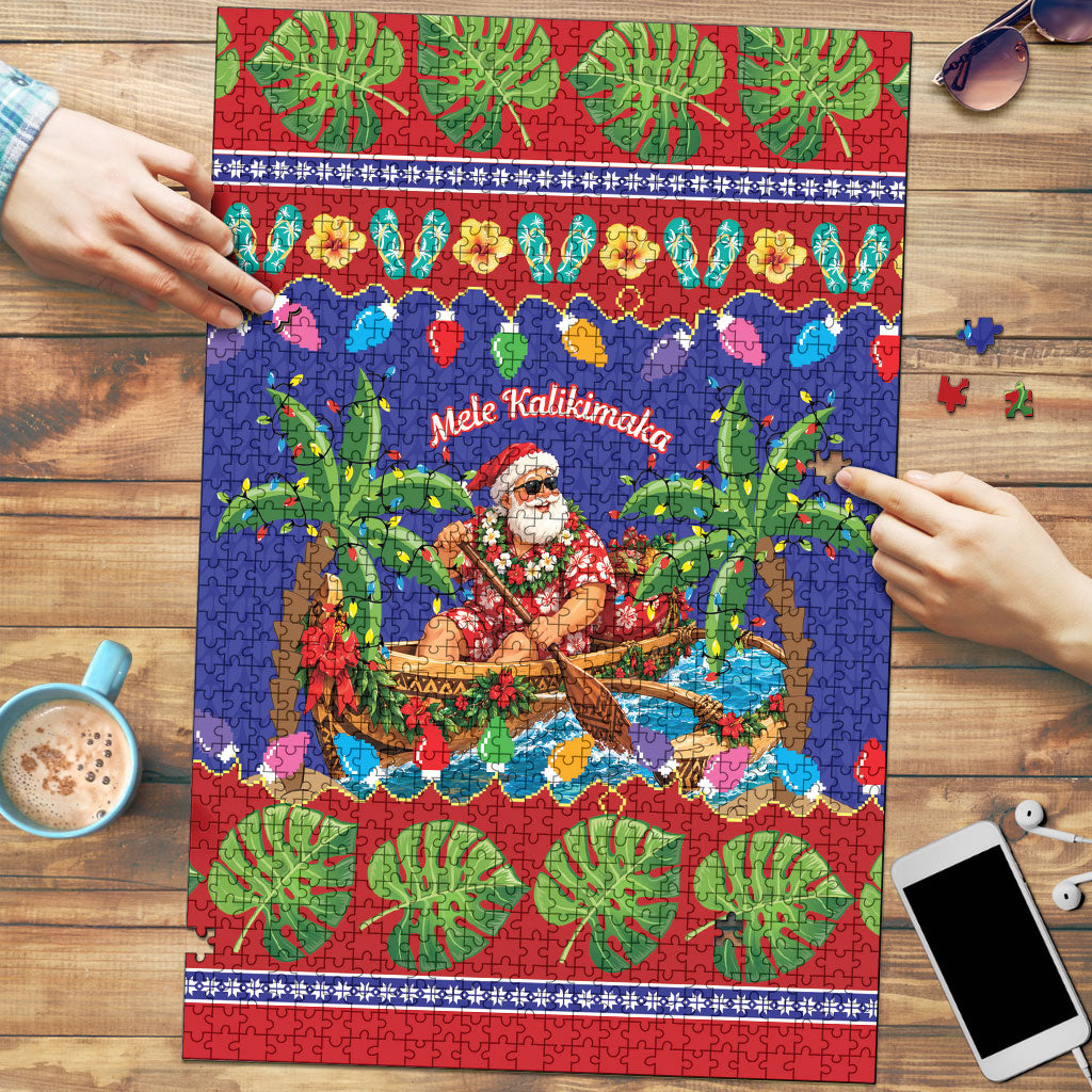 Santa Claus In Outrigger Canoe Hawaii Christmas Puzzle Mele Kalikimaka Hawaiian Tropical Vibes LT14 Blue - Polynesian Pride