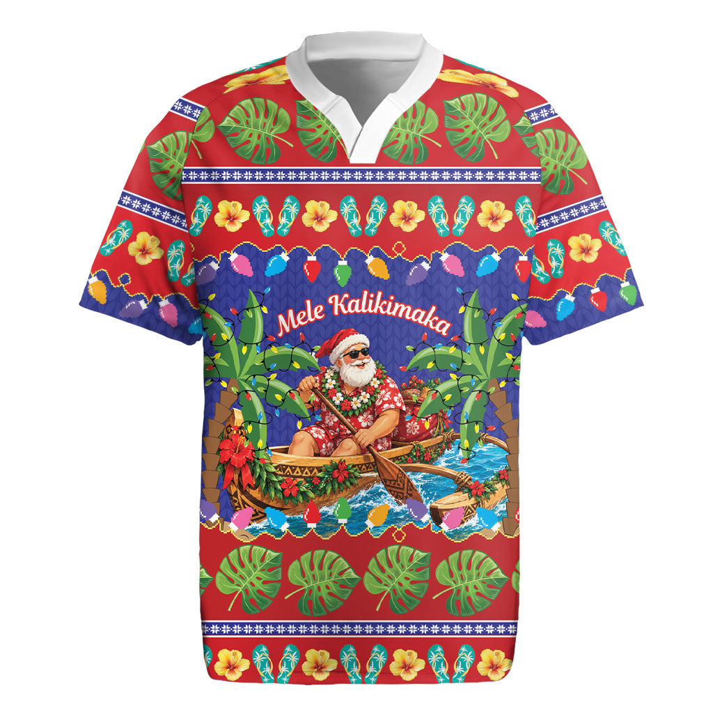 Santa Claus In Outrigger Canoe Hawaii Christmas Rugby Jersey Mele Kalikimaka Hawaiian Tropical Vibes LT14 Blue - Polynesian Pride