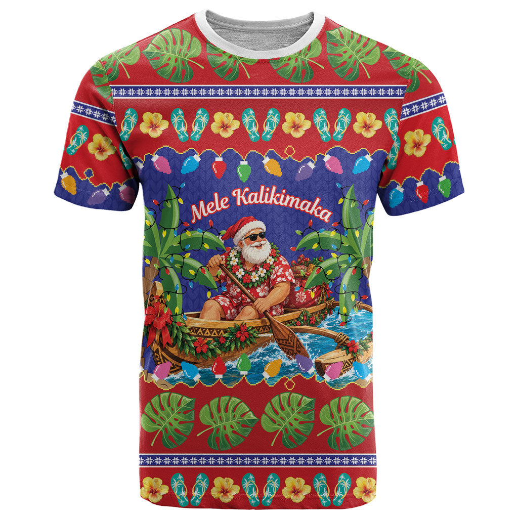 Santa Claus In Outrigger Canoe Hawaii Christmas T Shirt Mele Kalikimaka Hawaiian Tropical Vibes LT14 Blue - Polynesian Pride