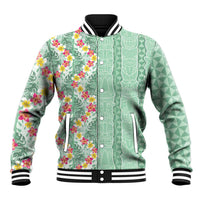 Menthol Green Aloha Hawaii Tiki Baseball Jacket Tropical Plumeria - Seamless Style