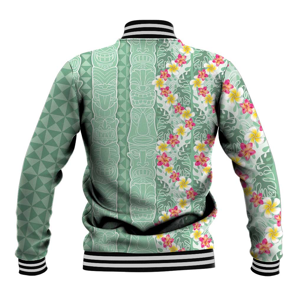 Menthol Green Aloha Hawaii Tiki Baseball Jacket Tropical Plumeria - Seamless Style