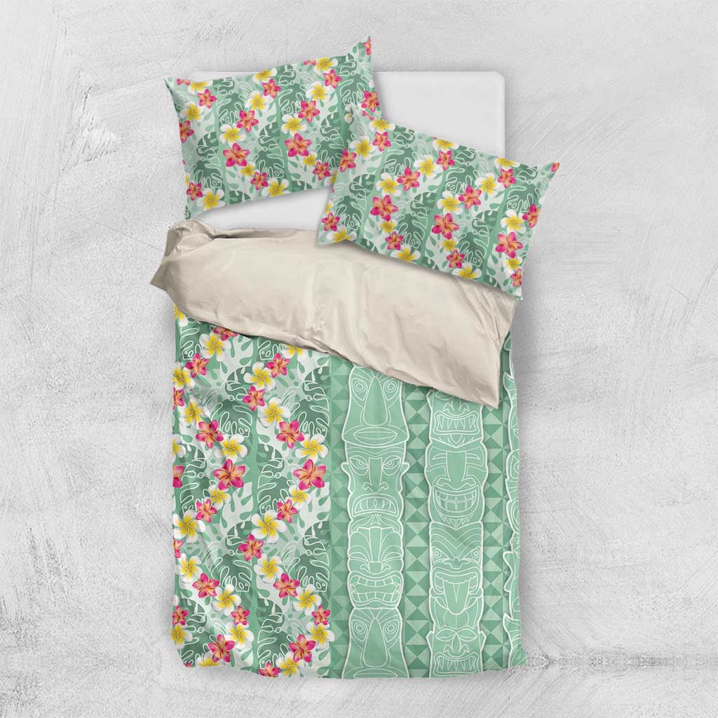 Menthol Green Aloha Hawaii Tiki Bedding Set Tropical Plumeria - Seamless Style