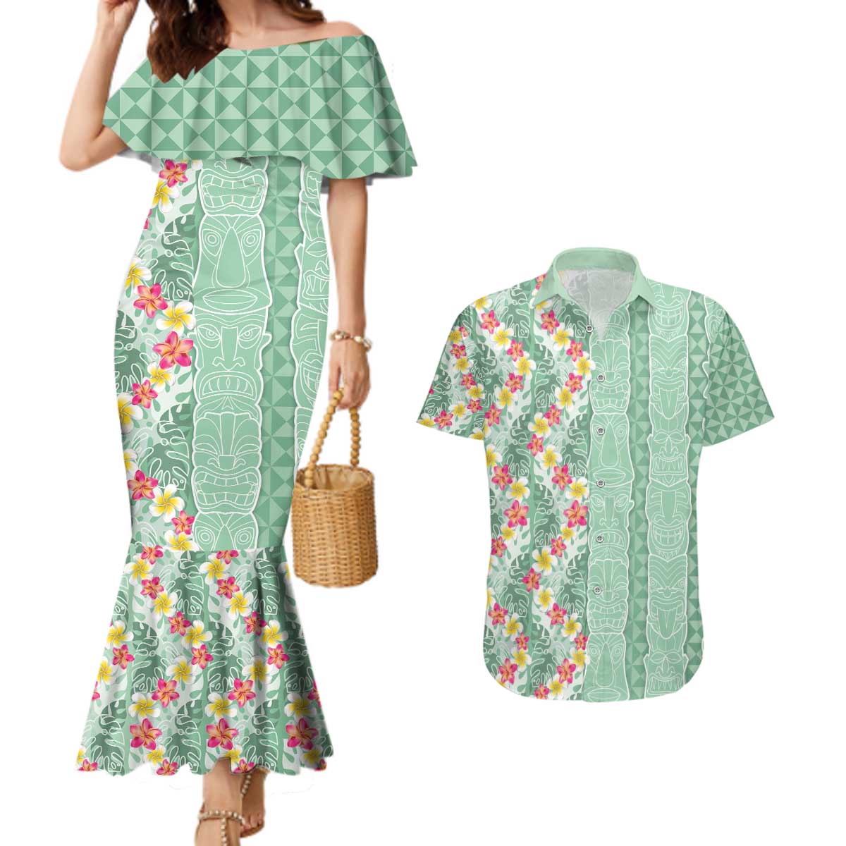 Menthol Green Aloha Hawaii Tiki Couples Matching Mermaid Dress and Hawaiian Shirt Tropical Plumeria - Seamless Style