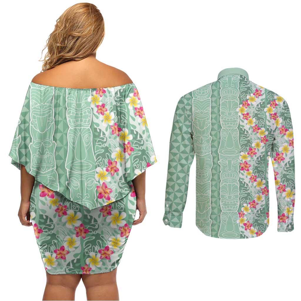 Menthol Green Aloha Hawaii Tiki Couples Matching Off Shoulder Short Dress and Long Sleeve Button Shirt Tropical Plumeria - Seamless Style