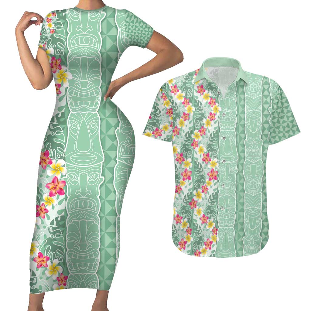 Menthol Green Aloha Hawaii Tiki Couples Matching Short Sleeve Bodycon Dress and Hawaiian Shirt Tropical Plumeria - Seamless Style