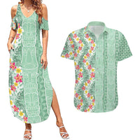Menthol Green Aloha Hawaii Tiki Couples Matching Summer Maxi Dress and Hawaiian Shirt Tropical Plumeria - Seamless Style