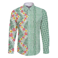Menthol Green Aloha Hawaii Tiki Family Matching Off The Shoulder Long Sleeve Dress and Hawaiian Shirt Tropical Plumeria - Seamless Style