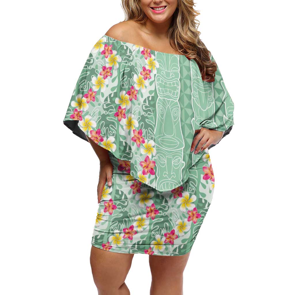 Menthol Green Aloha Hawaii Tiki Family Matching Off Shoulder Short Dress and Hawaiian Shirt Tropical Plumeria - Seamless Style
